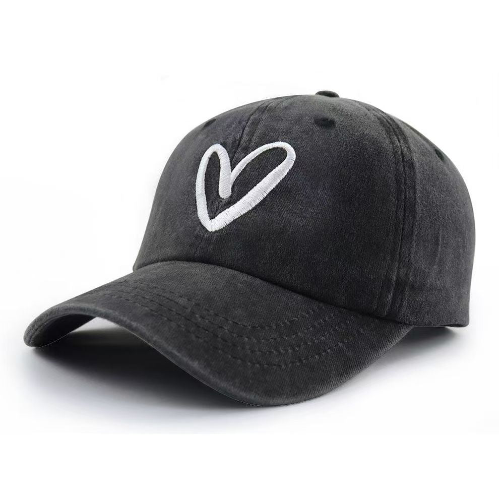 Vintage Washed Gray Baseball Cap, White Heart Outline Embroidered Unisex Adjustable Soft Dad Hat, Casual Outdoor Sun Hat for Women Men