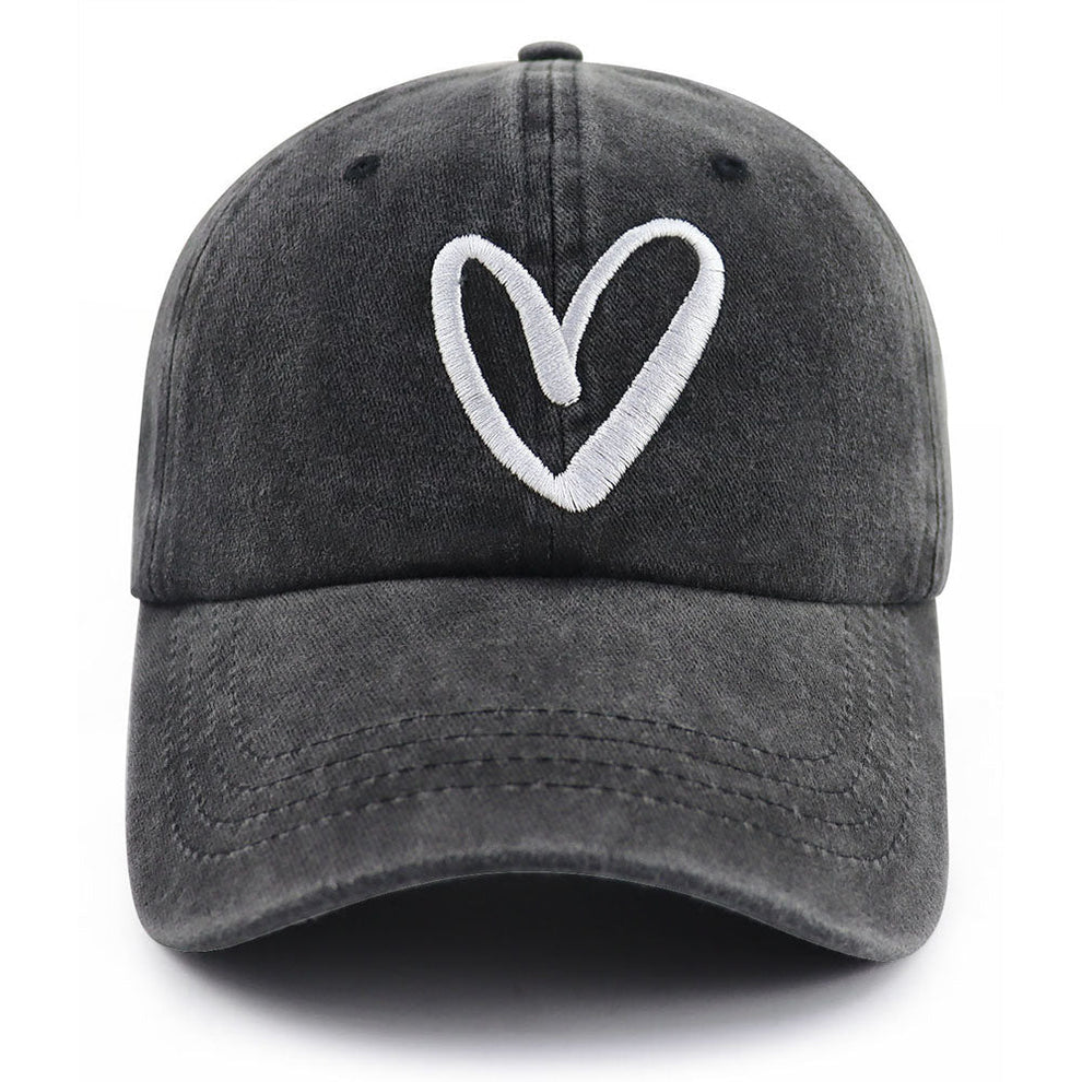 Vintage Washed Gray Baseball Cap, White Heart Outline Embroidered Unisex Adjustable Soft Dad Hat, Casual Outdoor Sun Hat for Women Men