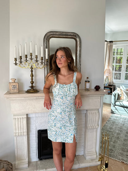 Elvalina dress with flowers - White/Blue