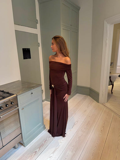 Lea long sleeve dress with gold detail - Brown