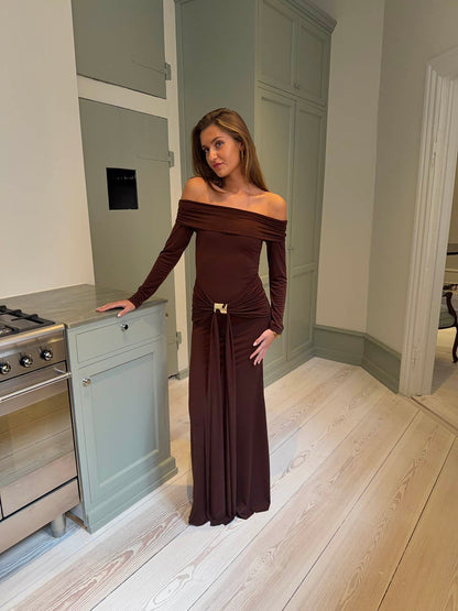 Lea long sleeve dress with gold detail - Brown