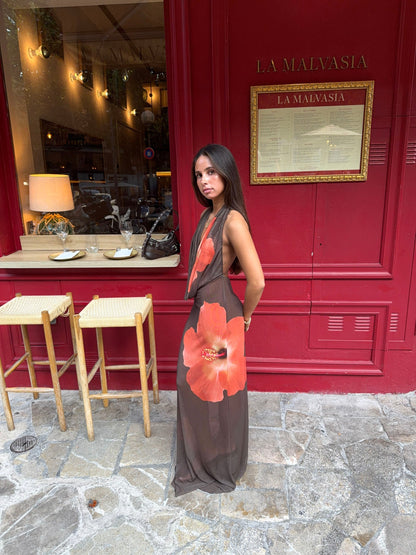 Columbine maxi dress – Brown with red flowers