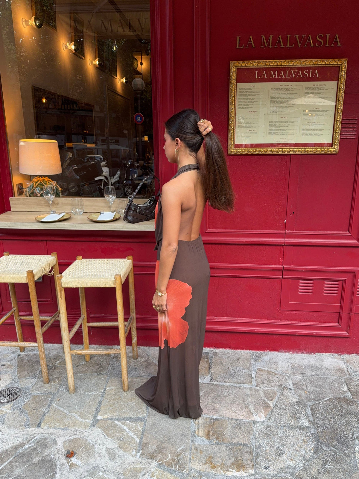 Columbine maxi dress – Brown with red flowers