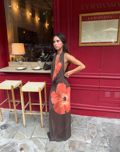 Columbine maxi dress – Brown with red flowers