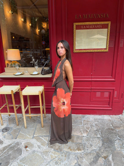 Columbine maxi dress – Brown with red flowers
