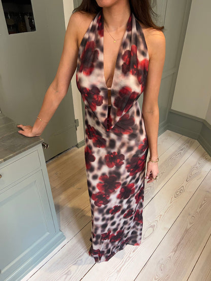 Columbine maxi dress  - White/brown with red flowers