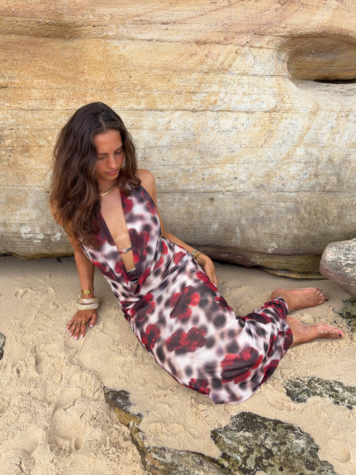Columbine maxi dress  - White/brown with red flowers