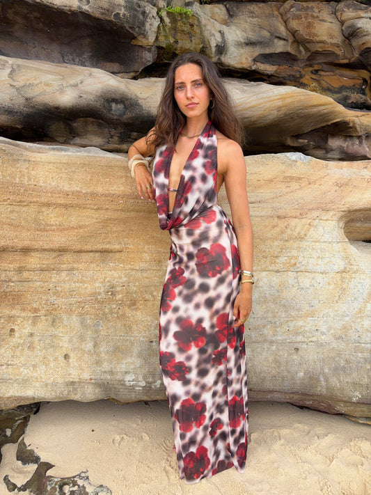Columbine maxi dress  - White/brown with red flowers