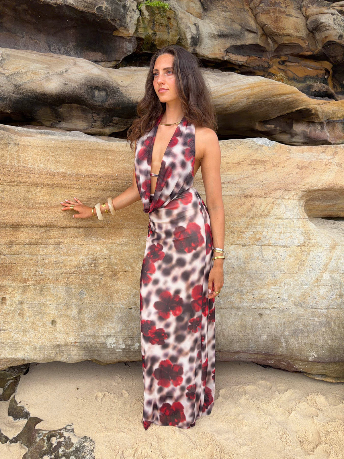 Columbine maxi dress  - White/brown with red flowers