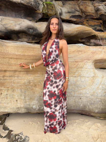 Columbine maxi dress  - White/brown with red flowers